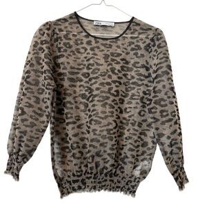 Zara Leopard Print Sheer Mesh Long Sleeve Blouse Top Gray Black Small